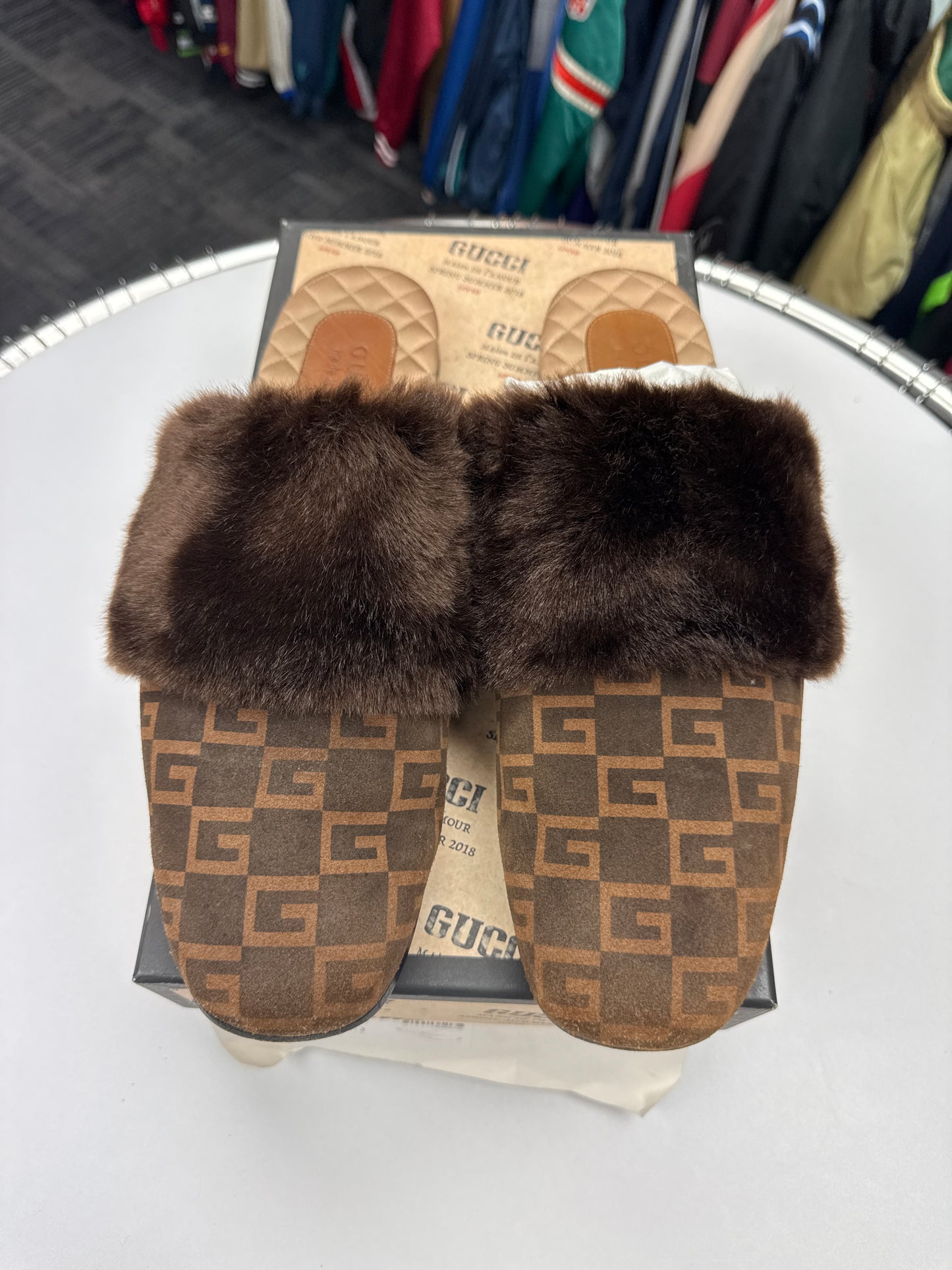 Gucci Square G Lawrence Faux Fur Slippers