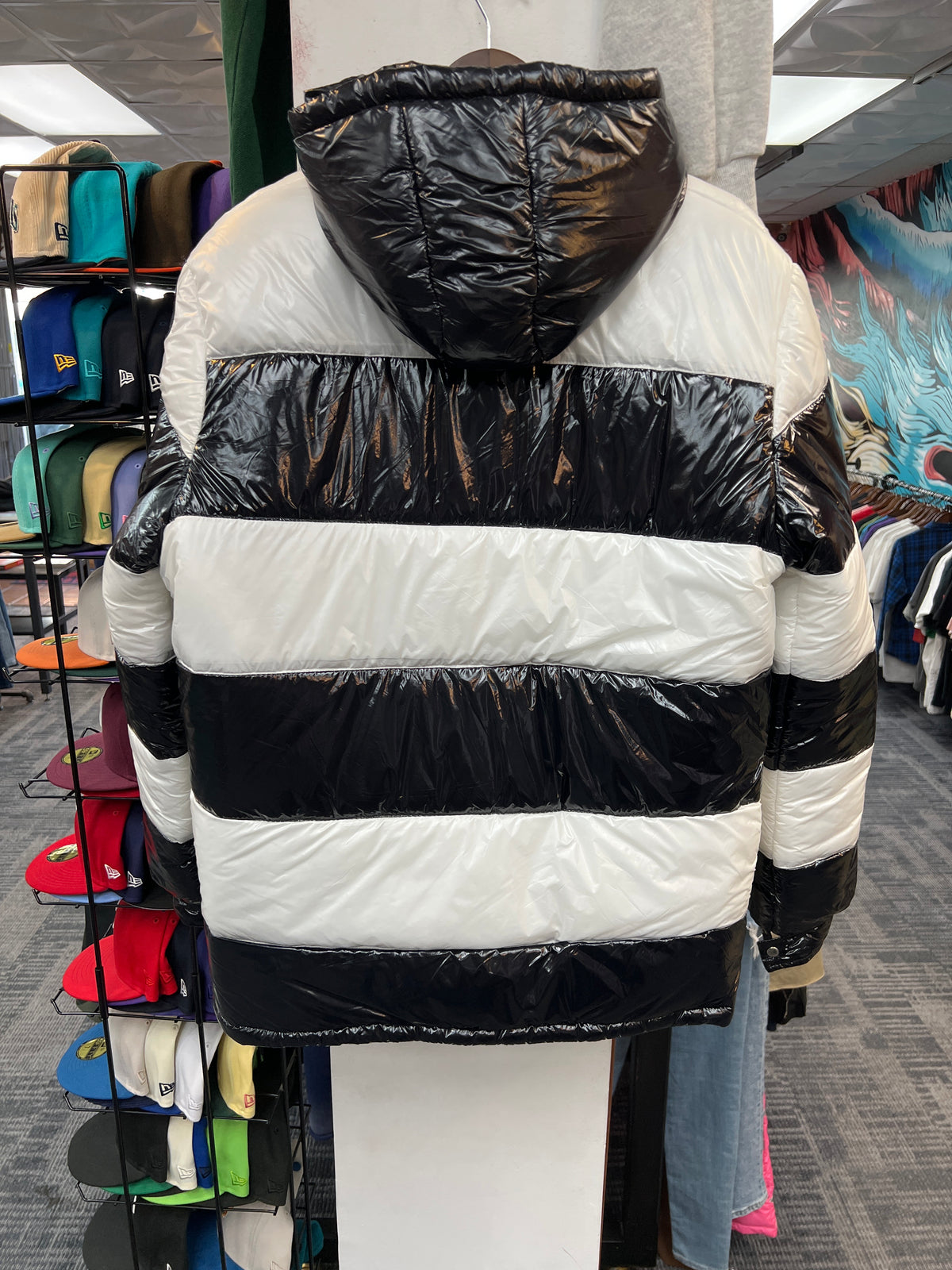 Sure “PINEAL” Black & White Striped Puffer Jacket