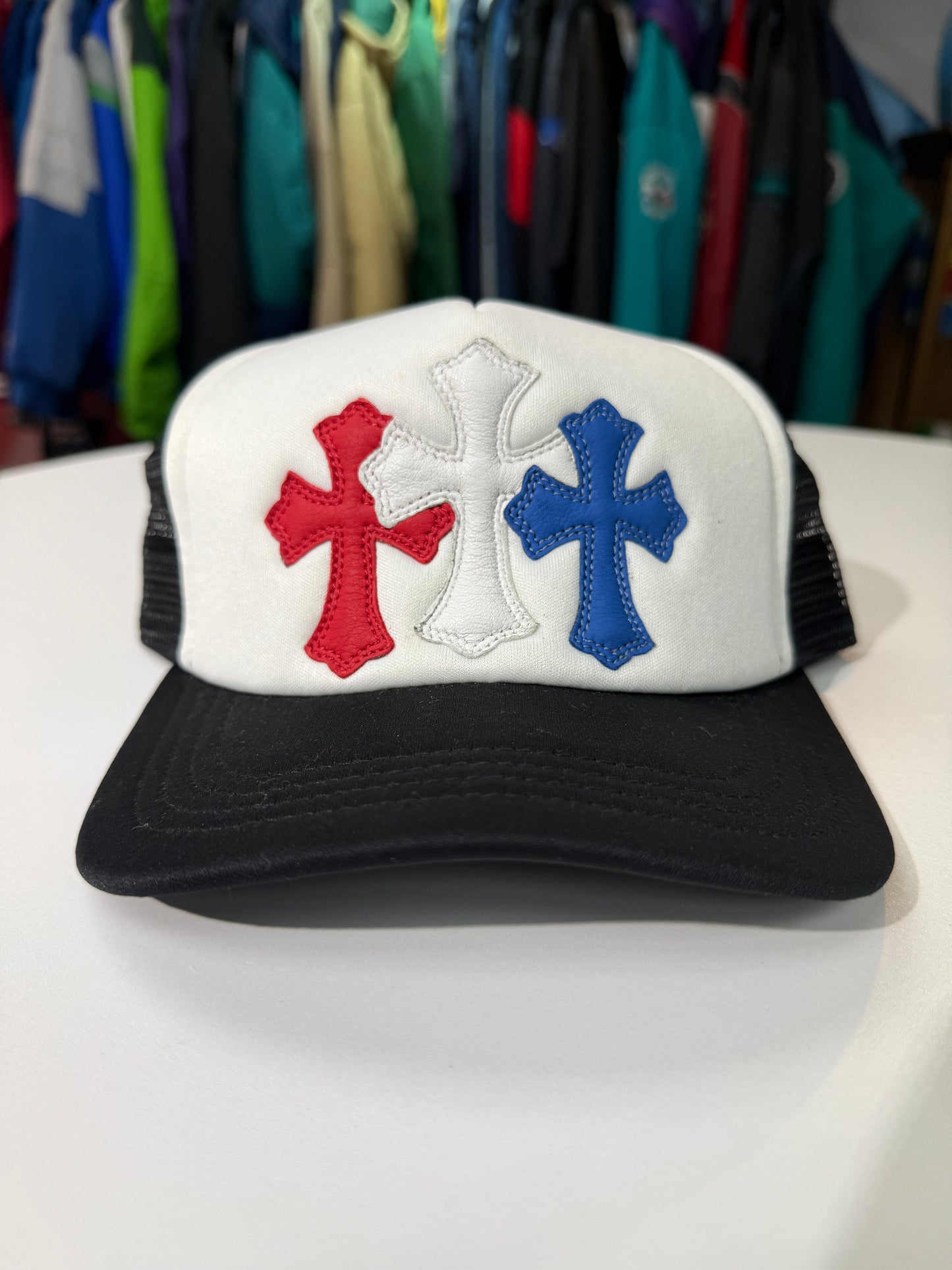 Chrome Hearts Red White Blue Triple Cross Trucker