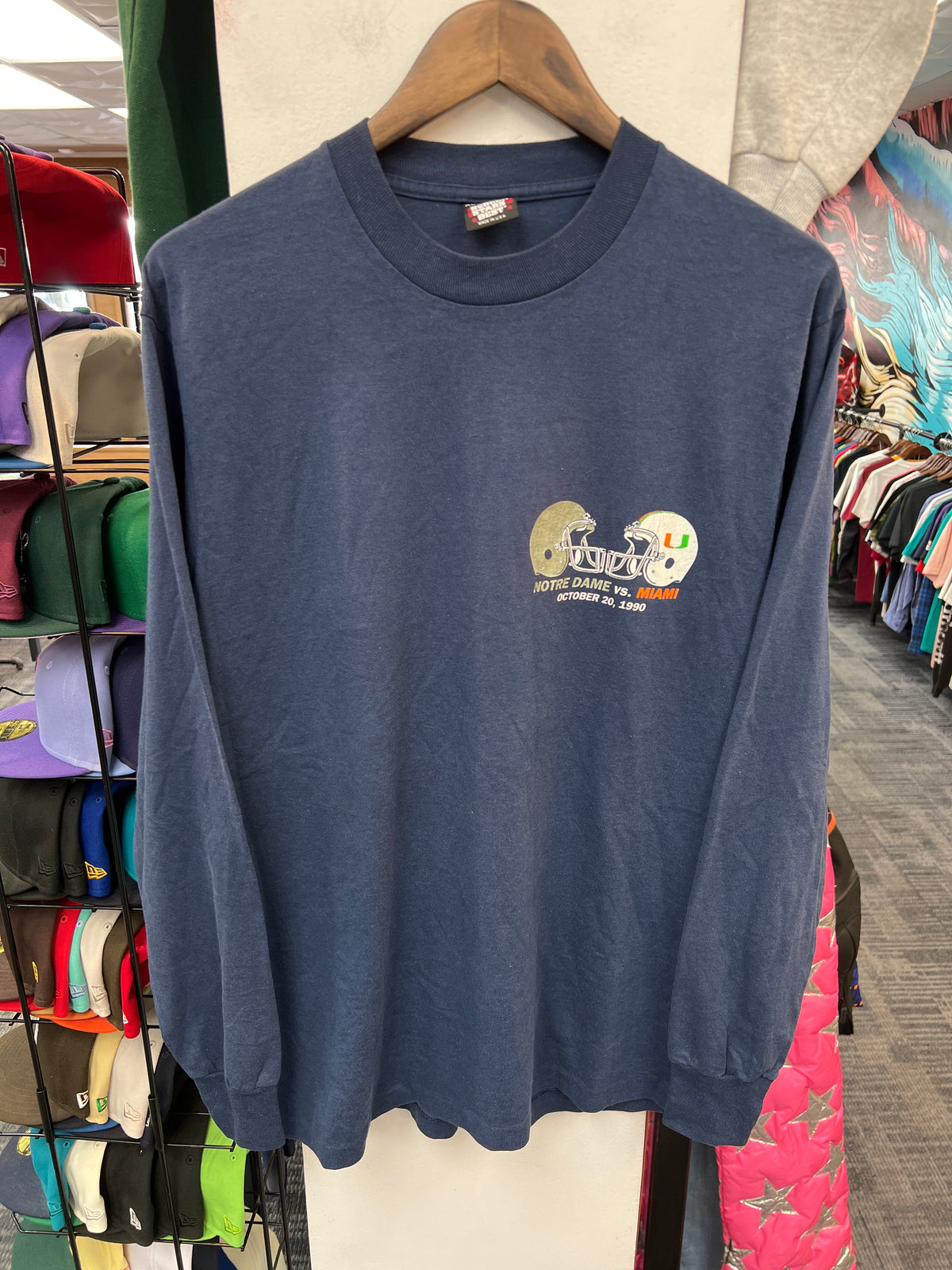 Vintage Notre Dame V Miami Hurricanes 10/20/90 Navy Long Sleeve Tee
