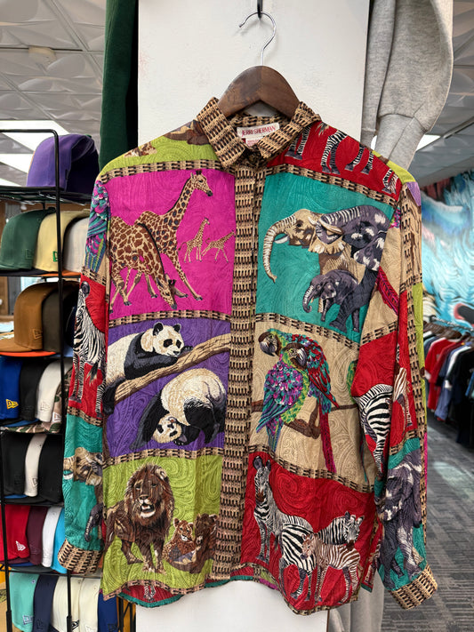 Vintage Silk Safari Patchwork Button Up