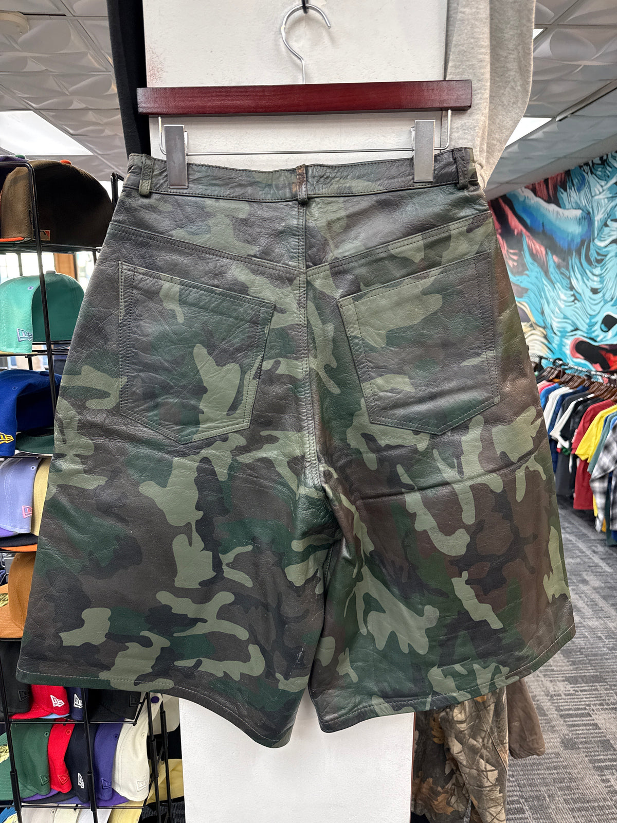 New GV Raspberry Hills Camo Leather Shorts