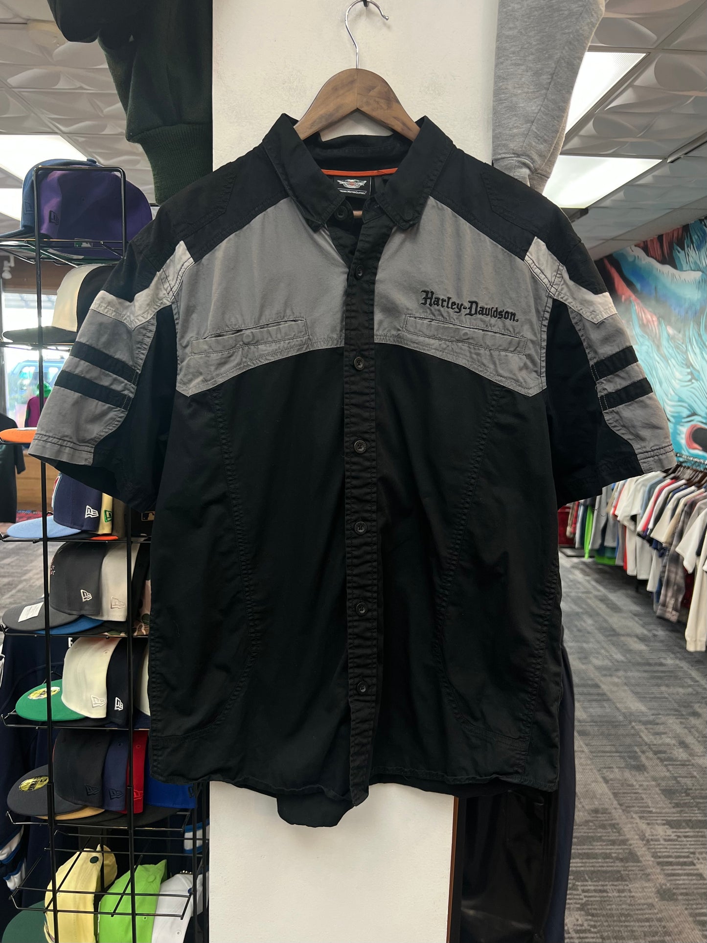 Harley Davidson Black and Grey Button Up Shirt