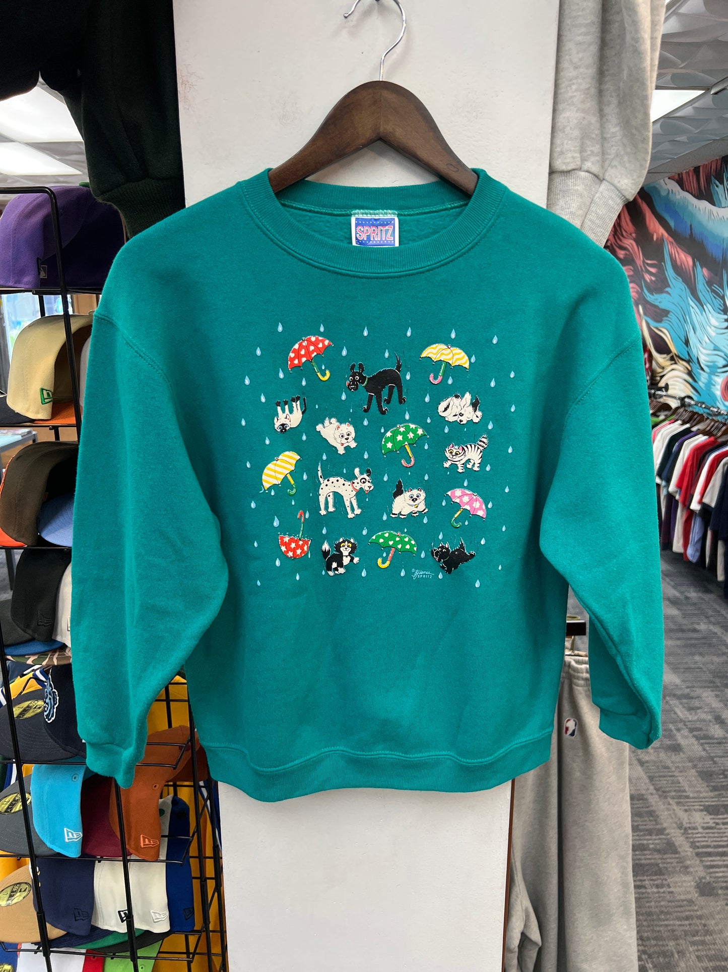 Vintage Raining Cats N Dogs Teal Crewneck