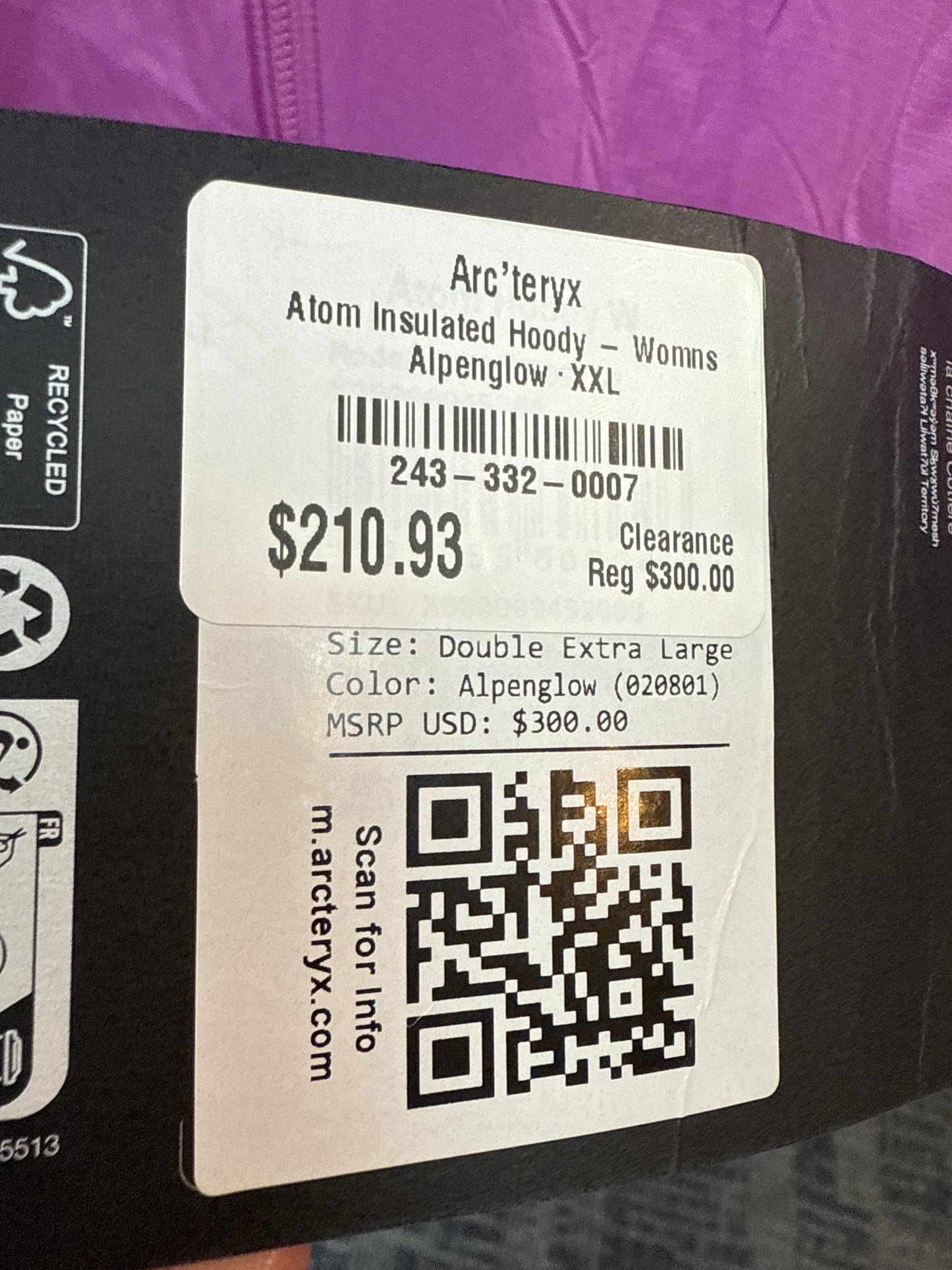 New Arc’Teryx Insulated Atom Hoody Alpenglow