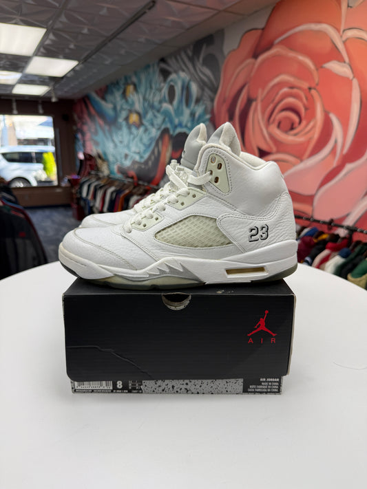 Preowned White Metallic Jordan 5