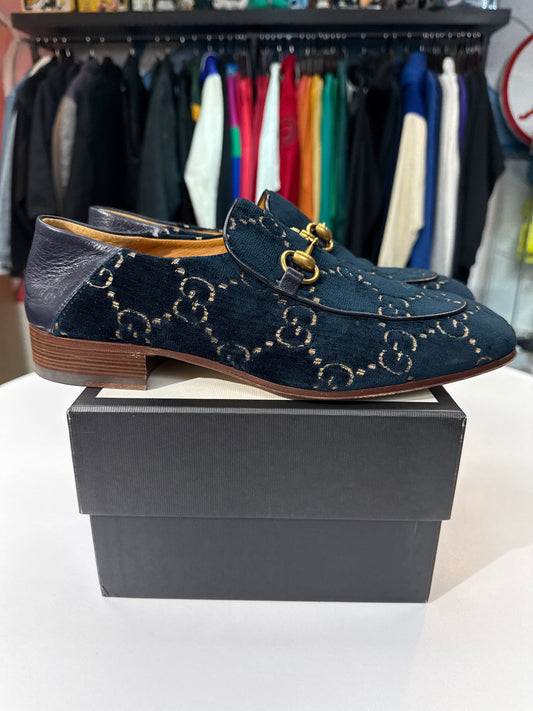 Preowned Gucci GG Horsebit Accent Velvet Loafer