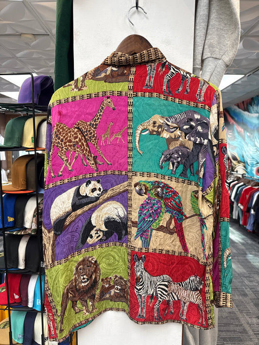 Vintage Silk Safari Patchwork Button Up