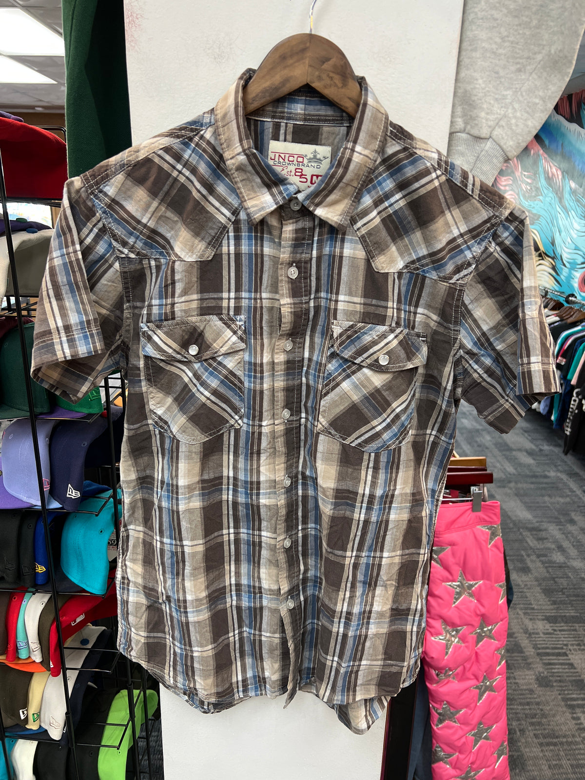 JNCO Brown & Blue Short Sleeve Button Up