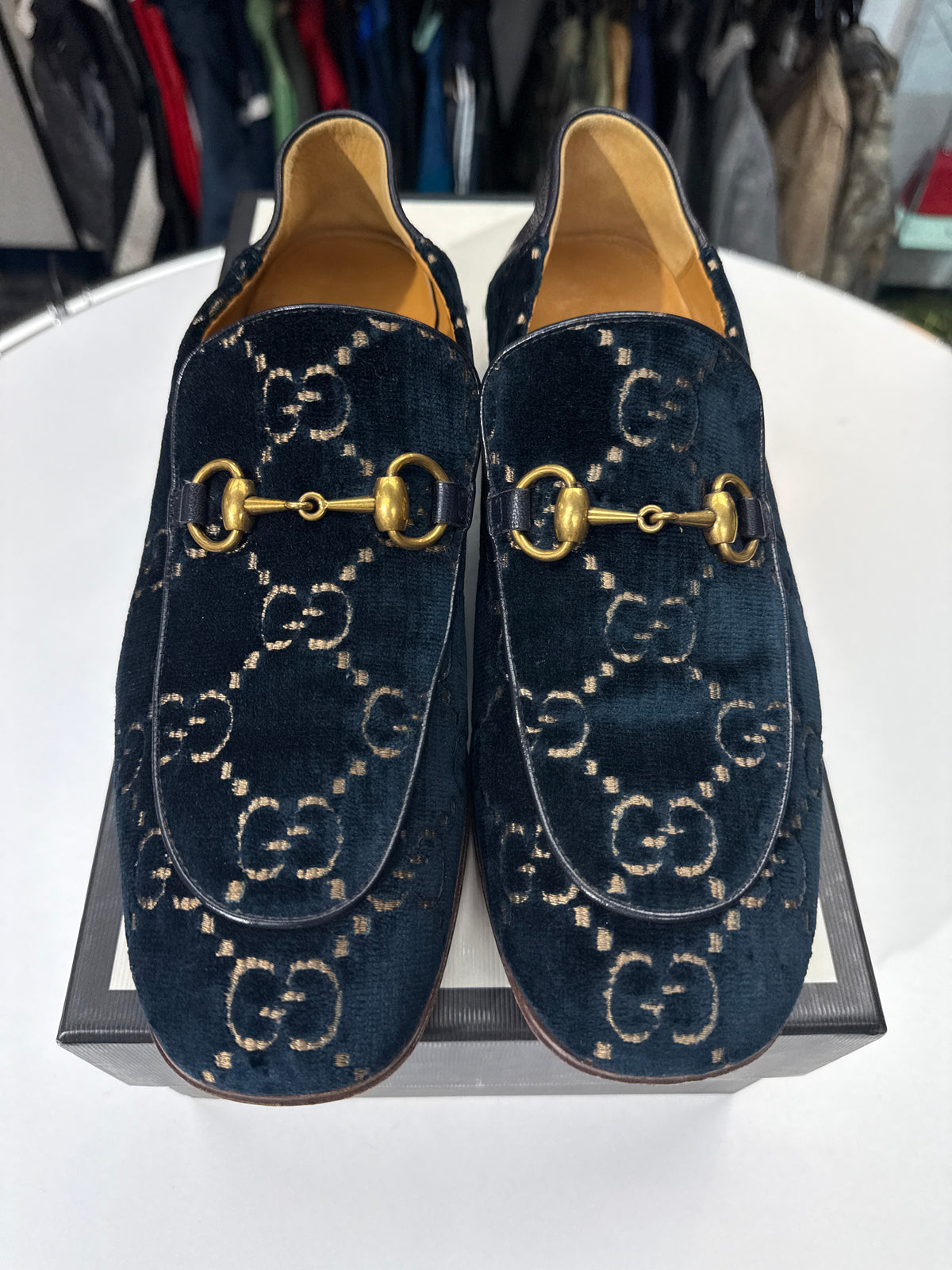 Preowned Gucci GG Horsebit Accent Velvet Loafer
