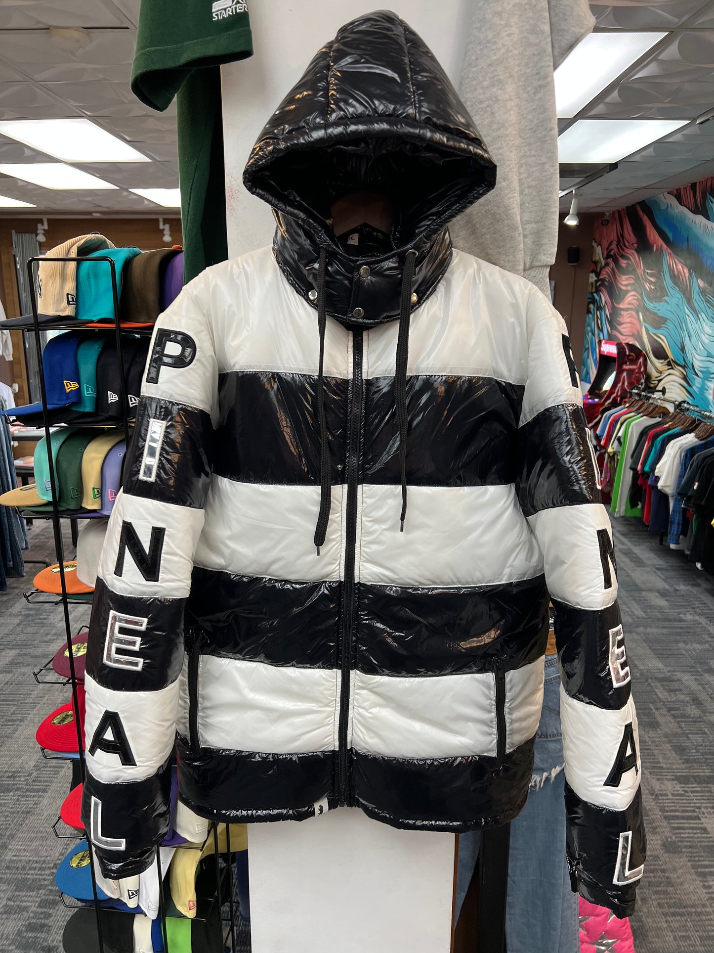 Sure “PINEAL” Black & White Striped Puffer Jacket