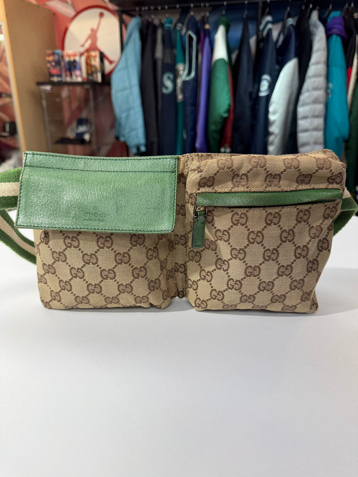 Gucci Beige/Green GG Monogram Canvas Belt Bag